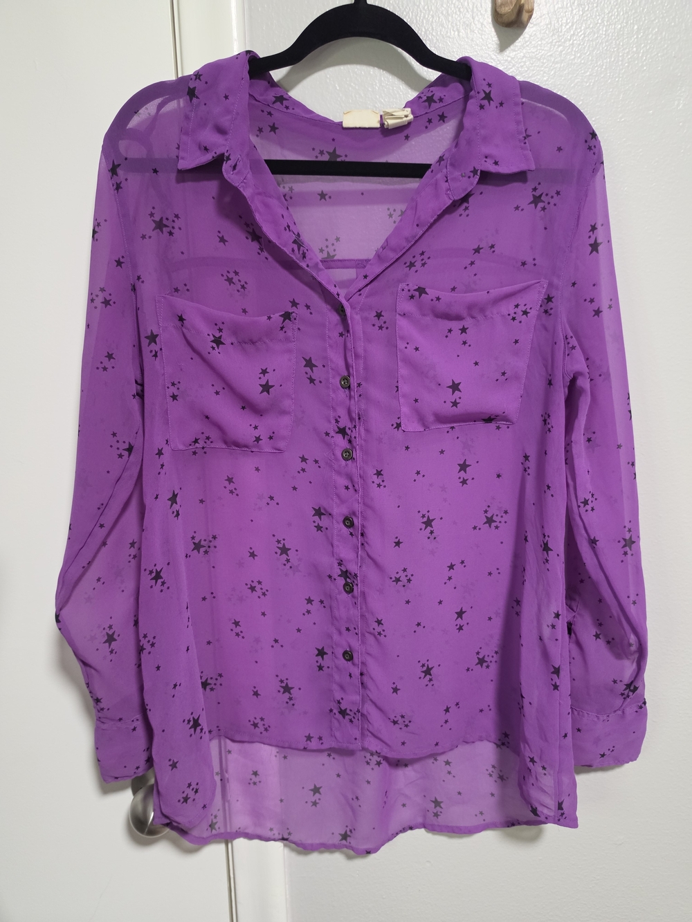 Mudd Purple Black Star Print Sheer Button Front Blouse L Long Sleeve